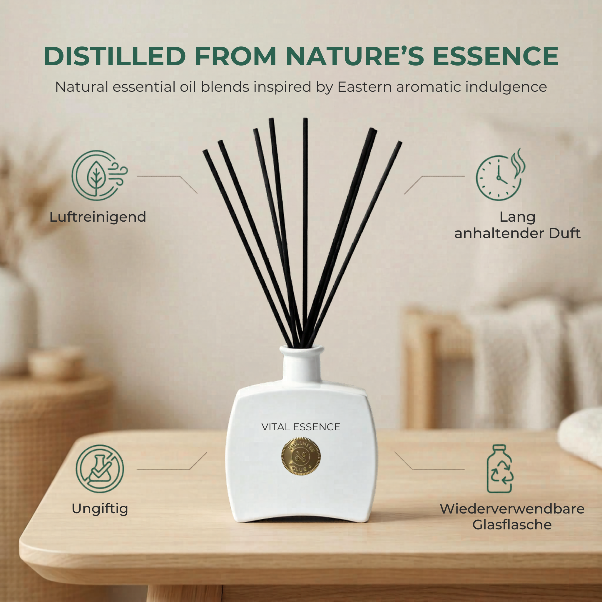 Wellness Club VITAL ESSENCE Zitronengras-Räucherstäbchen Duft Diffusor – 200ml – Natürliche ätherische Öle – 8 Rattanstäbe – Für Wohnzimmer, Büro, Bad, Schlafzimmer
