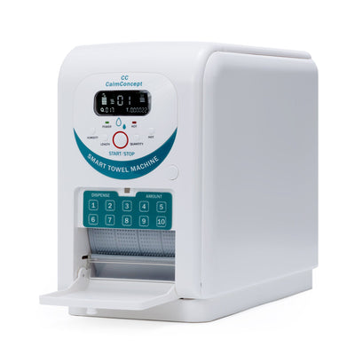 CalmConcept® Warmtuchspender mit Befeuchtung und Heizfunktion (bis zu 60 °C), LED-Display, schnelle 2s-Ausgabe, Hygienischer Einweg-Handtuchwärmer für Spa, Kosmetikstudio, Restaurant & Zuhause, Modell A