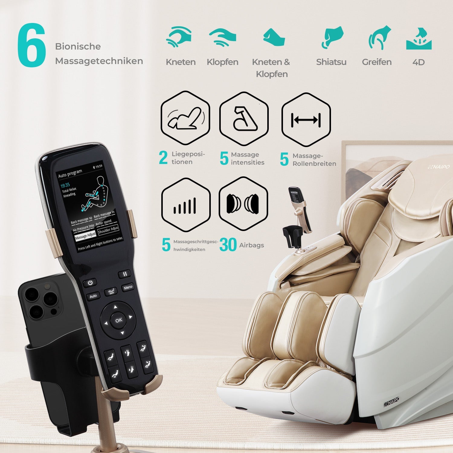 Naipo 3D Massagesessel R50 weiß, High-End Massagestuhl, Wärmefuktion
