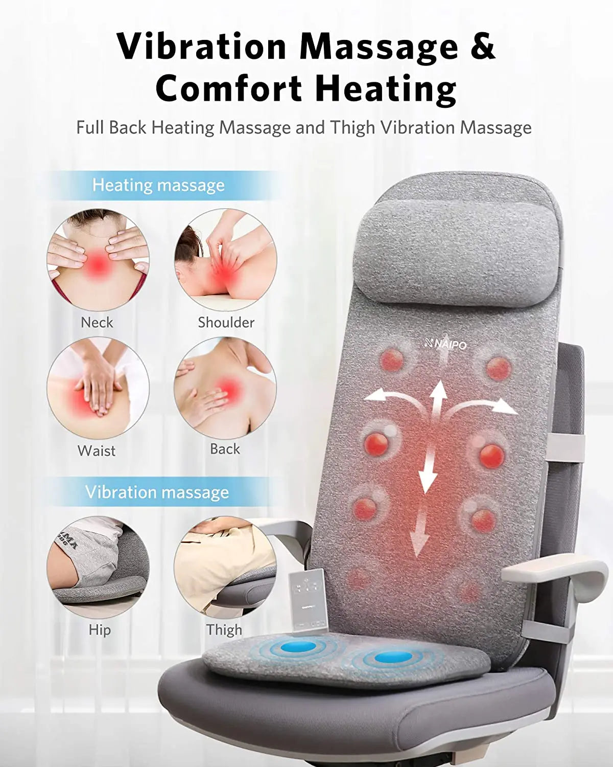 Naipo Massagesitzauflage mit Vibrationsmassage und Wärmemassage 8 Motorvibrationen 4 Massage Modi