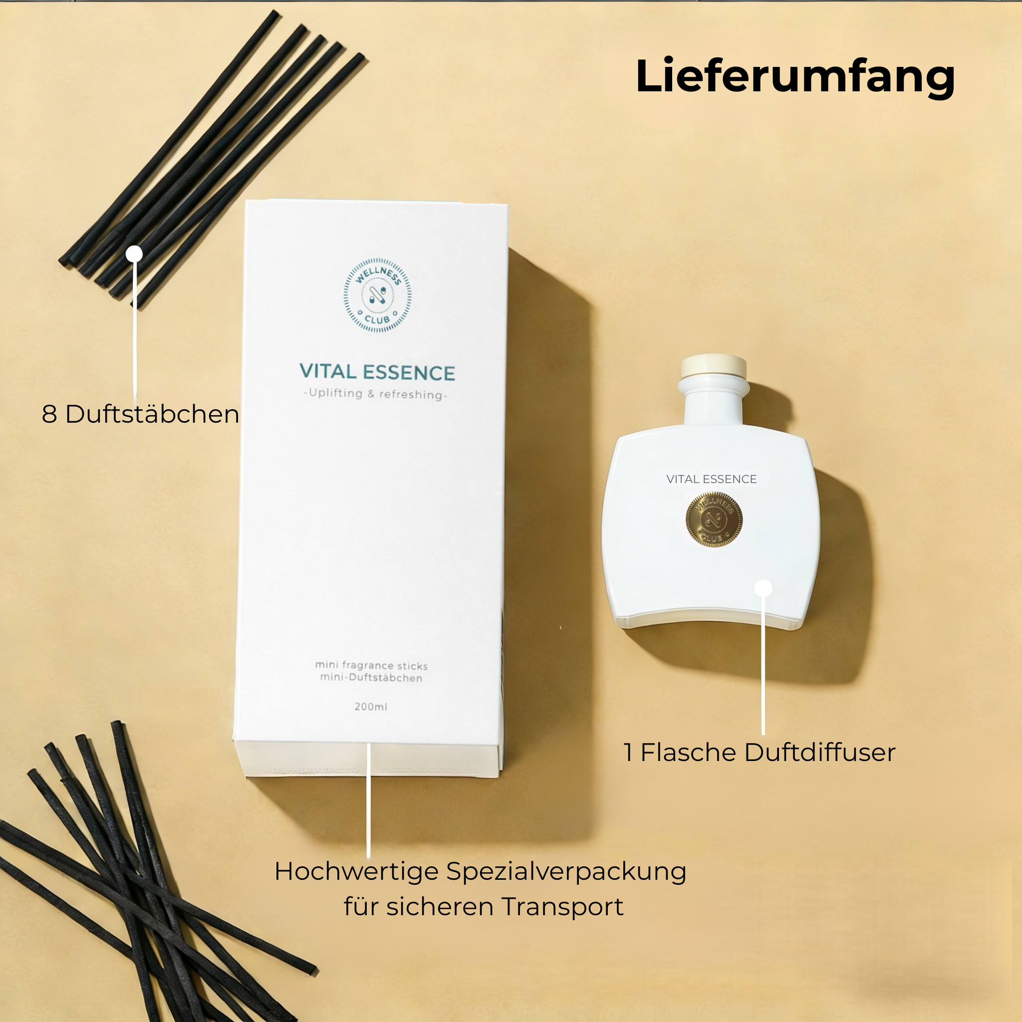 Wellness Club VITAL ESSENCE Zitronengras-Räucherstäbchen Duft Diffusor – 200ml – Natürliche ätherische Öle – 8 Rattanstäbe – Für Wohnzimmer, Büro, Bad, Schlafzimmer
