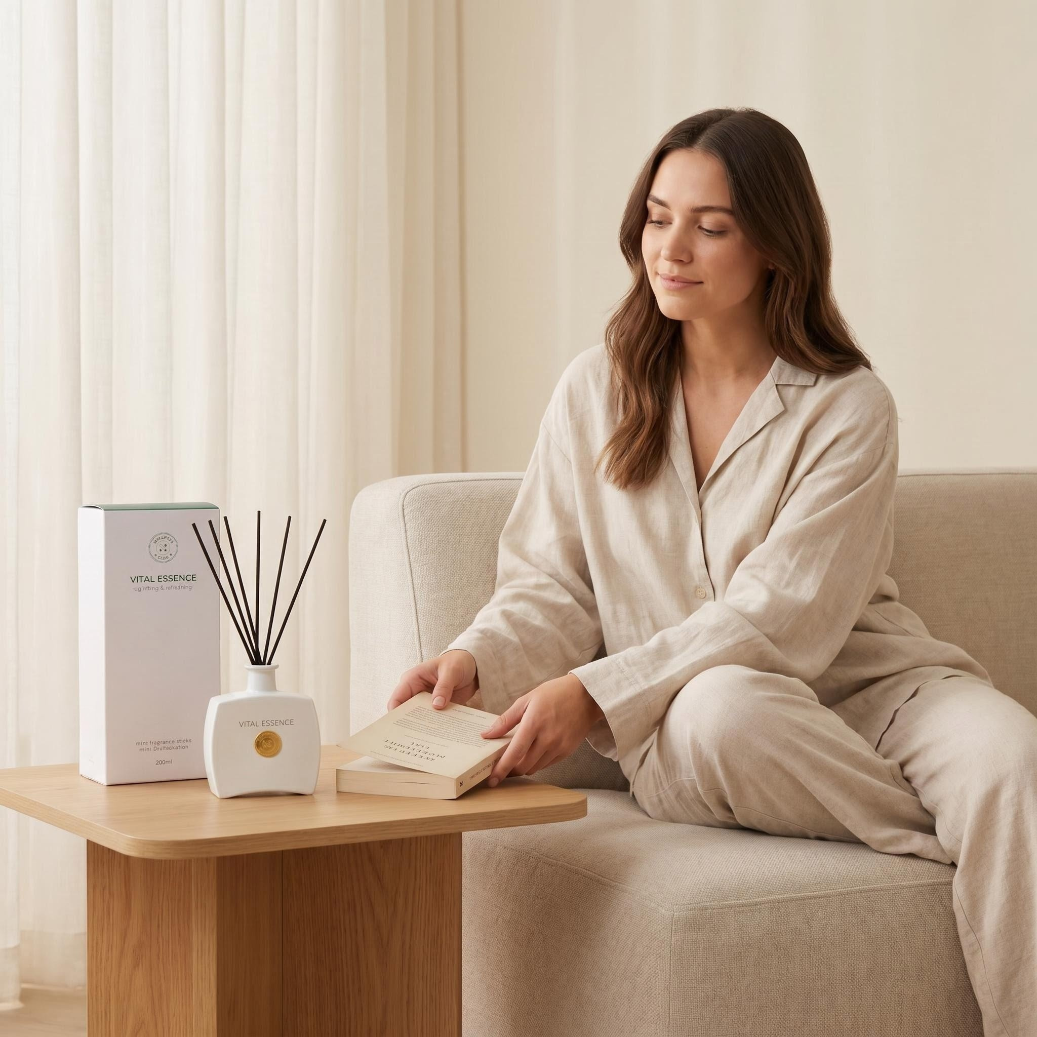 Wellness Club VITAL ESSENCE Zitronengras-Räucherstäbchen Duft Diffusor – 200ml – Natürliche ätherische Öle – 8 Rattanstäbe – Für Wohnzimmer, Büro, Bad, Schlafzimmer