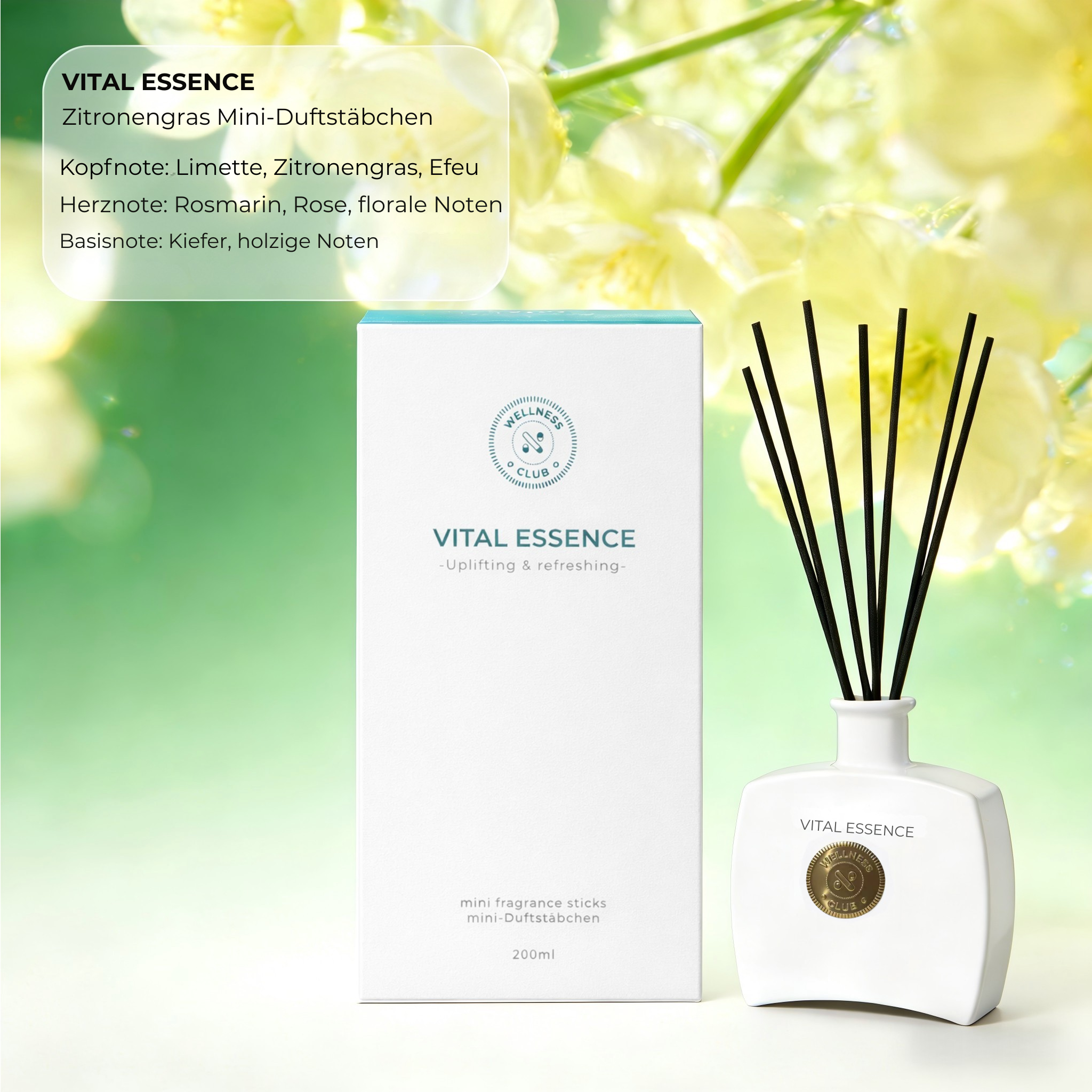 Wellness Club VITAL ESSENCE Zitronengras-Räucherstäbchen Duft Diffusor – 200ml – Natürliche ätherische Öle – 8 Rattanstäbe – Für Wohnzimmer, Büro, Bad, Schlafzimmer