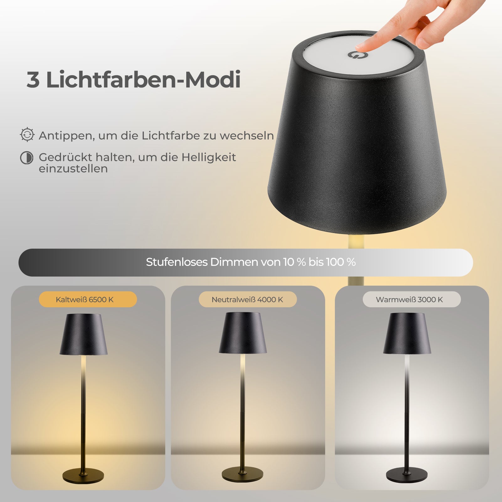 LED Akku Tischlampe – Dimmbar & Touch-Bedienung – 3 Farbtemperatur-Modi – Höhenverstellbar – Für Schlafzimmer, Wohnzimmer, Büro & Restaurant