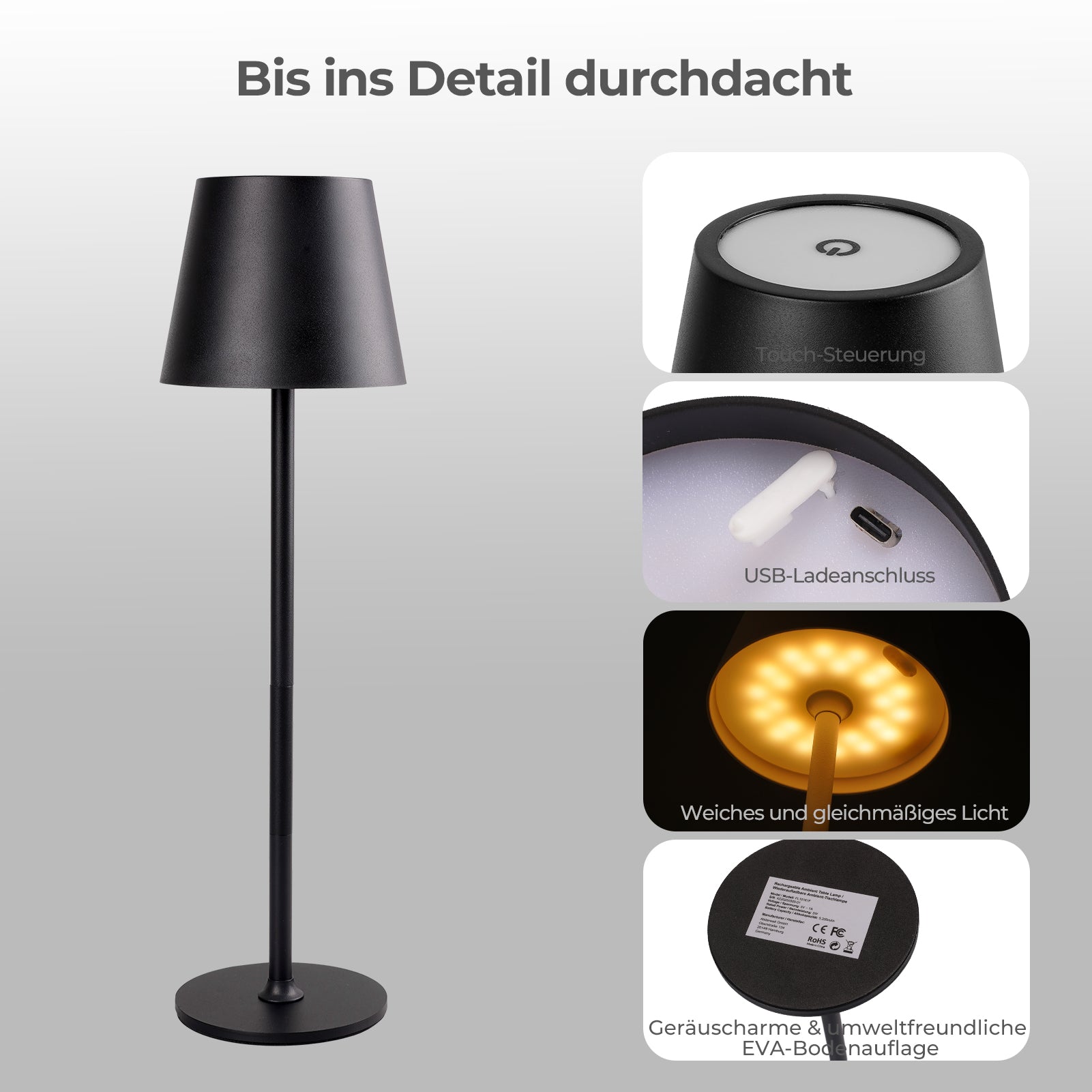 LED Akku Tischlampe – Dimmbar & Touch-Bedienung – 3 Farbtemperatur-Modi – Höhenverstellbar – Für Schlafzimmer, Wohnzimmer, Büro & Restaurant