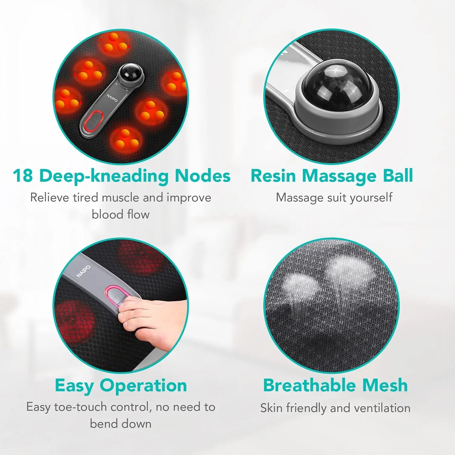 Naipo Fussmassagegerät Shiatsu Fußmassagegerät Elektrische Fussmassage it Wärmefunktion und 18 Massageknoten für Fußpflege für Zuhause Büro