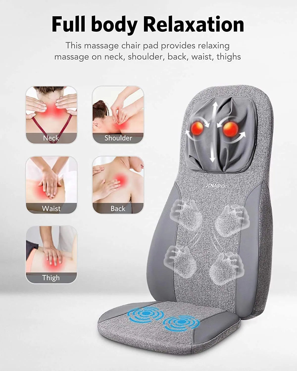 Naipo Massagematte Shiatsu Rückenmassagegerät mit Wärmefunktion und Nackenmassage sowie Hüftvibration zu Hause oder im Büro
